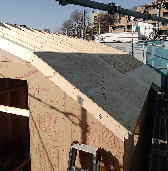 屋根垂木取付け後野地合板貼り 